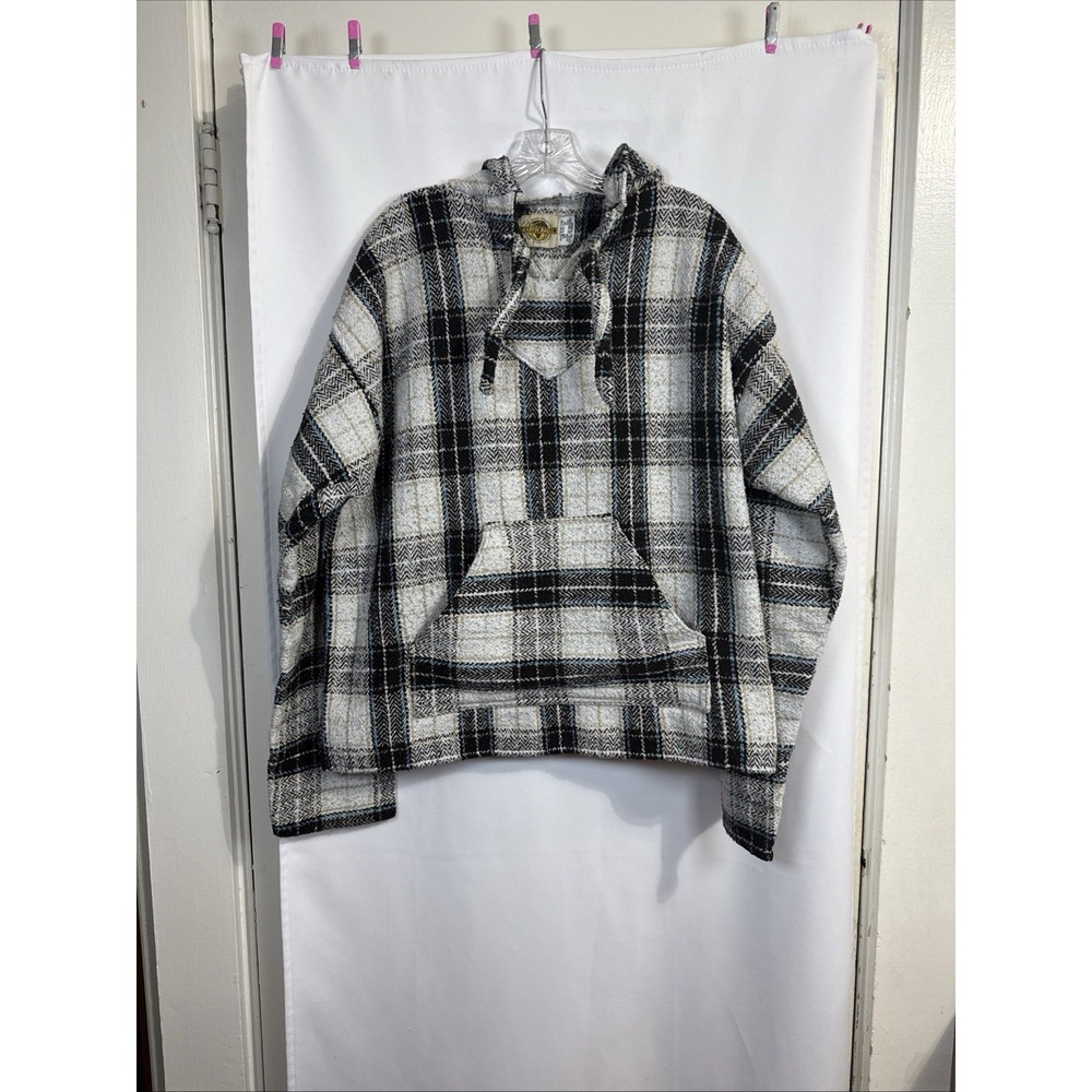 Earth Ragz Hoodie Mens XXL Plaid Baja BLK/WHT Blend Pullover Mexican Poncho